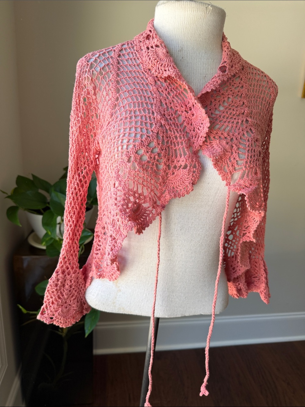 Hand Crafted Coral Pink Crochet Tie-Front Shrug